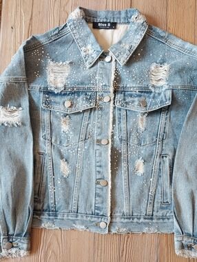 Light Wash Rhinestone & Distress Denim Jacket